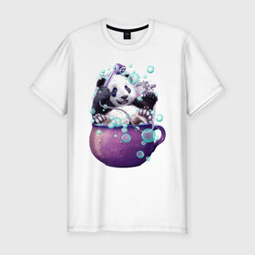 Мужская футболка премиум с принтом Панда в Белгороде, 92% хлопок, 8% лайкра | приталенный силуэт, круглый вырез ворота, длина до линии бедра, короткий рукав | Тематика изображения на принте: арт | ванная | пена | пузыри | рисунок
