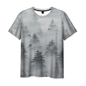 Мужская футболка 3D с принтом Туманный лес в Белгороде, 100% полиэфир | прямой крой, круглый вырез горловины, длина до линии бедер | бор | вечер | деревья | елка | еловый | ель | загадочный | земля | зима | лес | мрачный | необычный | природа | серый | сибирь | снег | тайга | туман | хвойный