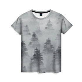 Женская футболка 3D с принтом Туманный лес в Белгороде, 100% полиэфир ( синтетическое хлопкоподобное полотно) | прямой крой, круглый вырез горловины, длина до линии бедер | бор | вечер | деревья | елка | еловый | ель | загадочный | земля | зима | лес | мрачный | необычный | природа | серый | сибирь | снег | тайга | туман | хвойный