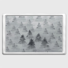Магнит 45*70 с принтом Туманный лес в Белгороде, Пластик | Размер: 78*52 мм; Размер печати: 70*45 | Тематика изображения на принте: бор | вечер | деревья | елка | еловый | ель | загадочный | земля | зима | лес | мрачный | необычный | природа | серый | сибирь | снег | тайга | туман | хвойный
