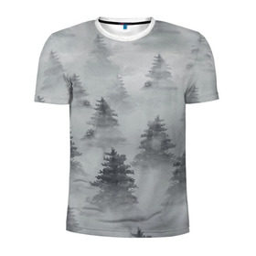 Мужская футболка 3D спортивная с принтом Туманный лес в Белгороде, 100% полиэстер с улучшенными характеристиками | приталенный силуэт, круглая горловина, широкие плечи, сужается к линии бедра | бор | вечер | деревья | елка | еловый | ель | загадочный | земля | зима | лес | мрачный | необычный | природа | серый | сибирь | снег | тайга | туман | хвойный