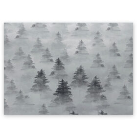 Поздравительная открытка с принтом Туманный лес в Белгороде, 100% бумага | плотность бумаги 280 г/м2, матовая, на обратной стороне линовка и место для марки
 | бор | вечер | деревья | елка | еловый | ель | загадочный | земля | зима | лес | мрачный | необычный | природа | серый | сибирь | снег | тайга | туман | хвойный