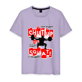 Мужская футболка хлопок с принтом Powerlifting shut up and squat в Белгороде, 100% хлопок | прямой крой, круглый вырез горловины, длина до линии бедер, слегка спущенное плечо. | powerlifting | shut up and squat | пауэрлифтинг