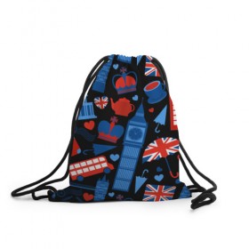 Рюкзак-мешок 3D с принтом Великобритания в Белгороде, 100% полиэстер | плотность ткани — 200 г/м2, размер — 35 х 45 см; лямки — толстые шнурки, застежка на шнуровке, без карманов и подкладки | красный | лондон | паттерн | черный