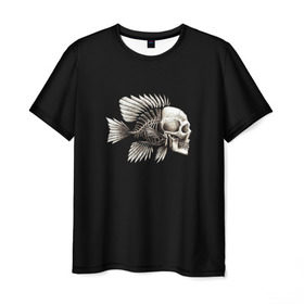 Мужская футболка 3D с принтом Рыба Скелет в Белгороде, 100% полиэфир | прямой крой, круглый вырез горловины, длина до линии бедер | анатомия | кости | море | плавники | принт | рисунок | рыбный | рыбы | тату | ужас | хвост | череп | черный | чешуя