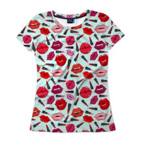 Женская футболка 3D с принтом Губы в Белгороде, 100% полиэфир ( синтетическое хлопкоподобное полотно) | прямой крой, круглый вырез горловины, длина до линии бедер | губы | помада | поцелуй