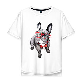 Мужская футболка хлопок Oversize с принтом Бульдог в Белгороде, 100% хлопок | свободный крой, круглый ворот, “спинка” длиннее передней части | bulldog | dog | бабочка | бульдог в очках | в очках | дог | очки | собака