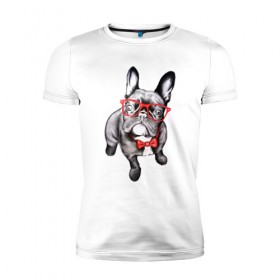 Мужская футболка премиум с принтом Бульдог в Белгороде, 92% хлопок, 8% лайкра | приталенный силуэт, круглый вырез ворота, длина до линии бедра, короткий рукав | bulldog | dog | бабочка | бульдог в очках | в очках | дог | очки | собака