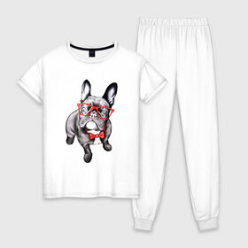 Женская пижама хлопок с принтом Бульдог в Белгороде, 100% хлопок | брюки и футболка прямого кроя, без карманов, на брюках мягкая резинка на поясе и по низу штанин | bulldog | dog | бабочка | бульдог в очках | в очках | дог | очки | собака