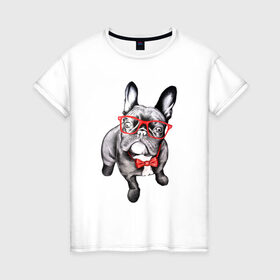 Женская футболка хлопок с принтом Бульдог в Белгороде, 100% хлопок | прямой крой, круглый вырез горловины, длина до линии бедер, слегка спущенное плечо | bulldog | dog | бабочка | бульдог в очках | в очках | дог | очки | собака