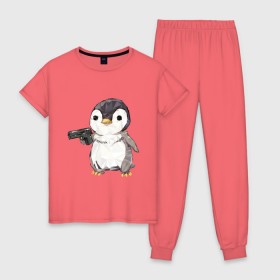 Женская пижама хлопок с принтом Пингвин с пистолетом в Белгороде, 100% хлопок | брюки и футболка прямого кроя, без карманов, на брюках мягкая резинка на поясе и по низу штанин | 