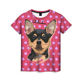 Женская футболка 3D с принтом Чихуахуа в Белгороде, 100% полиэфир ( синтетическое хлопкоподобное полотно) | прямой крой, круглый вырез горловины, длина до линии бедер | chihuahua | dog | арт | горошек | животное | кружочек | розовый | собака | текстура | чихуахуа