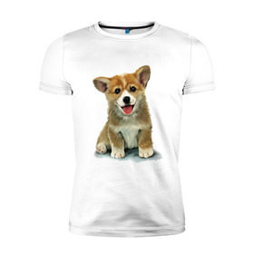 Мужская футболка премиум с принтом Коржик в Белгороде, 92% хлопок, 8% лайкра | приталенный силуэт, круглый вырез ворота, длина до линии бедра, короткий рукав | corgi | dog | korgi | вельш корги | дог | кардиган | корги | пемброк | собака | щенок