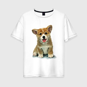 Женская футболка хлопок Oversize с принтом Коржик в Белгороде, 100% хлопок | свободный крой, круглый ворот, спущенный рукав, длина до линии бедер
 | corgi | dog | korgi | вельш корги | дог | кардиган | корги | пемброк | собака | щенок
