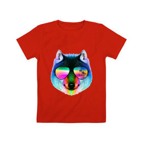 Детская футболка хлопок с принтом Радужный волк в Белгороде, 100% хлопок | круглый вырез горловины, полуприлегающий силуэт, длина до линии бедер | волк | галюцинация | иллюзия | море | океан | остров | очки | пальма | пляж | радуга