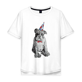 Мужская футболка хлопок Oversize с принтом праздничный бульдог в Белгороде, 100% хлопок | свободный крой, круглый ворот, “спинка” длиннее передней части | dog | happy | бабочка | бульдог | день рождение | дог | собака