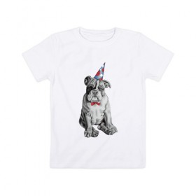 Детская футболка хлопок с принтом праздничный бульдог в Белгороде, 100% хлопок | круглый вырез горловины, полуприлегающий силуэт, длина до линии бедер | dog | happy | бабочка | бульдог | день рождение | дог | собака