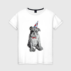 Женская футболка хлопок с принтом праздничный бульдог в Белгороде, 100% хлопок | прямой крой, круглый вырез горловины, длина до линии бедер, слегка спущенное плечо | dog | happy | бабочка | бульдог | день рождение | дог | собака