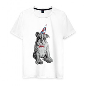 Мужская футболка хлопок с принтом праздничный бульдог в Белгороде, 100% хлопок | прямой крой, круглый вырез горловины, длина до линии бедер, слегка спущенное плечо. | dog | happy | бабочка | бульдог | день рождение | дог | собака