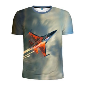 Мужская футболка 3D спортивная с принтом Красный F16 в Белгороде, 100% полиэстер с улучшенными характеристиками | приталенный силуэт, круглая горловина, широкие плечи, сужается к линии бедра | самолет