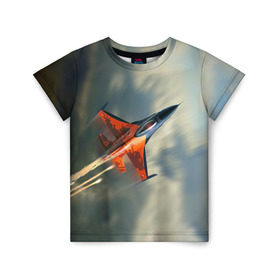 Детская футболка 3D с принтом Красный F16 в Белгороде, 100% гипоаллергенный полиэфир | прямой крой, круглый вырез горловины, длина до линии бедер, чуть спущенное плечо, ткань немного тянется | Тематика изображения на принте: самолет