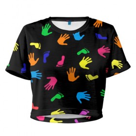 Женская футболка 3D укороченная с принтом Радужное лето в Белгороде, 100% полиэстер | круглая горловина, длина футболки до линии талии, рукава с отворотами | art | искусство | нога | орнамент | отпечаток | рука | след | узор | человек