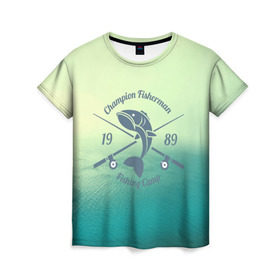 Женская футболка 3D с принтом Champion Fisherman в Белгороде, 100% полиэфир ( синтетическое хлопкоподобное полотно) | прямой крой, круглый вырез горловины, длина до линии бедер | baitbest | bottom | driftwood | fisherman | fishing | fishwaterhook | pike | river | вода | дно | коряга | крючок | лучший рыбак | наживка | река | рыба | рыбалка | щука