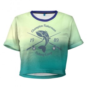 Женская футболка 3D укороченная с принтом Champion Fisherman в Белгороде, 100% полиэстер | круглая горловина, длина футболки до линии талии, рукава с отворотами | baitbest | bottom | driftwood | fisherman | fishing | fishwaterhook | pike | river | вода | дно | коряга | крючок | лучший рыбак | наживка | река | рыба | рыбалка | щука