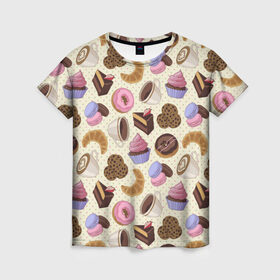 Женская футболка 3D с принтом Радости и сладости 2 в Белгороде, 100% полиэфир ( синтетическое хлопкоподобное полотно) | прямой крой, круглый вырез горловины, длина до линии бедер | глазурь | завтрак | кекс | кофе | крем | круасан | макарон | настроение | паттерн | печенье | пончик | радости | сладости | торт