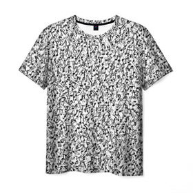 Мужская футболка 3D с принтом Музыкальные ноты в Белгороде, 100% полиэфир | прямой крой, круглый вырез горловины, длина до линии бедер | Тематика изображения на принте: знаки | мелодия | музыка | нота | паттерн | символы | скрипичный ключ | текстура | черно белый