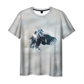 Мужская футболка 3D с принтом Орлиная атака в Белгороде, 100% полиэфир | прямой крой, круглый вырез горловины, длина до линии бедер | клюв | коршун | крылья | небо | облака | опасность | орел | охота | полет. перья | птица | хищник