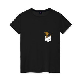 Женская футболка хлопок с принтом Дракончик в кармашке в Белгороде, 100% хлопок | прямой крой, круглый вырез горловины, длина до линии бедер, слегка спущенное плечо | дино | динозавр | карман | ящерица | ящерка