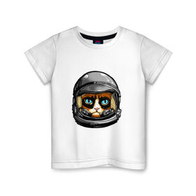 Детская футболка хлопок с принтом Кот космонавт в Белгороде, 100% хлопок | круглый вырез горловины, полуприлегающий силуэт, длина до линии бедер | Тематика изображения на принте: 