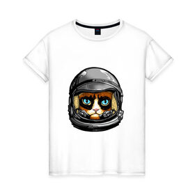 Женская футболка хлопок с принтом Кот космонавт в Белгороде, 100% хлопок | прямой крой, круглый вырез горловины, длина до линии бедер, слегка спущенное плечо | 
