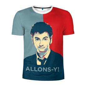 Мужская футболка 3D спортивная с принтом ALLONS-Y! в Белгороде, 100% полиэстер с улучшенными характеристиками | приталенный силуэт, круглая горловина, широкие плечи, сужается к линии бедра | арт | десятый доктор | доктор кто | надпись | сериал | тардис | фильмы