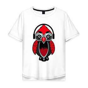 Мужская футболка хлопок Oversize с принтом Сова в наушниках в Белгороде, 100% хлопок | свободный крой, круглый ворот, “спинка” длиннее передней части | dj | бит | диджей | музыка | наушники | сова | совушка