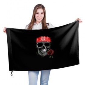 Флаг 3D с принтом Череп с розой в Белгороде, 100% полиэстер | плотность ткани — 95 г/м2, размер — 67 х 109 см. Принт наносится с одной стороны | пираты | повязка | роза | романтика | скелет | череп