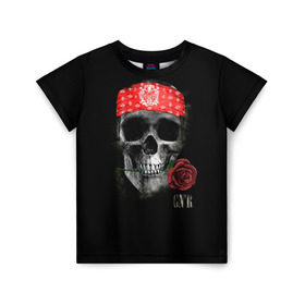 Детская футболка 3D с принтом Череп с розой в Белгороде, 100% гипоаллергенный полиэфир | прямой крой, круглый вырез горловины, длина до линии бедер, чуть спущенное плечо, ткань немного тянется | пираты | повязка | роза | романтика | скелет | череп