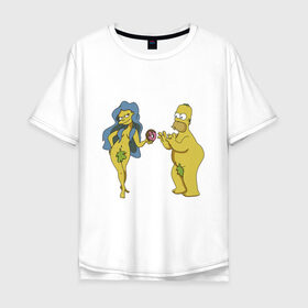 Мужская футболка хлопок Oversize с принтом Симпсоны в Белгороде, 100% хлопок | свободный крой, круглый ворот, “спинка” длиннее передней части | bart | homer | love | simpsons | адам | барт | гомер | ева | любовь | мульт | мультфильм | пончик | симпсоны