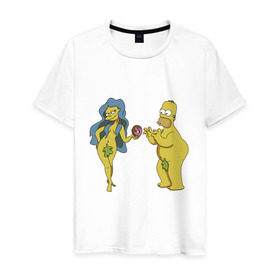 Мужская футболка хлопок с принтом Симпсоны в Белгороде, 100% хлопок | прямой крой, круглый вырез горловины, длина до линии бедер, слегка спущенное плечо. | bart | homer | love | simpsons | адам | барт | гомер | ева | любовь | мульт | мультфильм | пончик | симпсоны