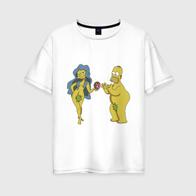 Женская футболка хлопок Oversize с принтом Симпсоны в Белгороде, 100% хлопок | свободный крой, круглый ворот, спущенный рукав, длина до линии бедер
 | bart | homer | love | simpsons | адам | барт | гомер | ева | любовь | мульт | мультфильм | пончик | симпсоны