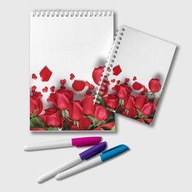 Блокнот с принтом Розы в Белгороде, 100% бумага | 48 листов, плотность листов — 60 г/м2, плотность картонной обложки — 250 г/м2. Листы скреплены удобной пружинной спиралью. Цвет линий — светло-серый
 | Тематика изображения на принте: flowers | gift | hearts | love | red | romantic | roses | valentines day | красные розы | сердечки