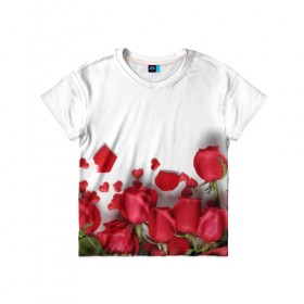 Детская футболка 3D с принтом Розы в Белгороде, 100% гипоаллергенный полиэфир | прямой крой, круглый вырез горловины, длина до линии бедер, чуть спущенное плечо, ткань немного тянется | Тематика изображения на принте: flowers | gift | hearts | love | red | romantic | roses | valentines day | красные розы | сердечки