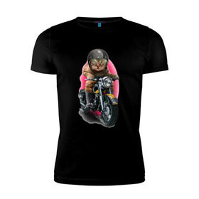 Мужская футболка премиум с принтом Кот мотоциклист в Белгороде, 92% хлопок, 8% лайкра | приталенный силуэт, круглый вырез ворота, длина до линии бедра, короткий рукав | moto | киса | кот | котэ | мото | мотоцикл | очки | шлем
