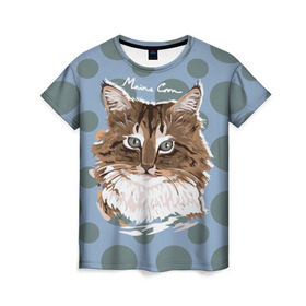 Женская футболка 3D с принтом Мейн-Кун в Белгороде, 100% полиэфир ( синтетическое хлопкоподобное полотно) | прямой крой, круглый вырез горловины, длина до линии бедер | cat | kitten | kitty | maine coon | pet | арт | животные | коты | кошки | кружочки | мейн кун | текстура