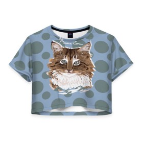 Женская футболка 3D укороченная с принтом Мейн-Кун в Белгороде, 100% полиэстер | круглая горловина, длина футболки до линии талии, рукава с отворотами | cat | kitten | kitty | maine coon | pet | арт | животные | коты | кошки | кружочки | мейн кун | текстура