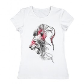 Женская футболка хлопок с принтом Лев в Белгороде, 100% хлопок | прямой крой, круглый вырез горловины, длина до линии бедер, слегка спущенное плечо | зоо | зубы | клыки | оскал | рев | царь