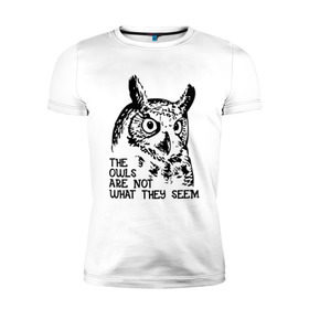 Мужская футболка премиум с принтом Twin Peaks Owl в Белгороде, 92% хлопок, 8% лайкра | приталенный силуэт, круглый вырез ворота, длина до линии бедра, короткий рукав | животные | надпись | птицы | сериал | сова | твин пикс | фильмы