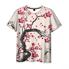 Мужская футболка 3D с принтом Сакура в Белгороде, 100% полиэфир | прямой крой, круглый вырез горловины, длина до линии бедер | вишня | дерево | зима | красный | новинки | птицы | черный | япония