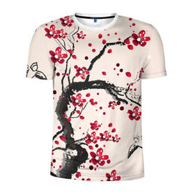Мужская футболка 3D спортивная с принтом Сакура в Белгороде, 100% полиэстер с улучшенными характеристиками | приталенный силуэт, круглая горловина, широкие плечи, сужается к линии бедра | вишня | дерево | зима | красный | новинки | птицы | черный | япония